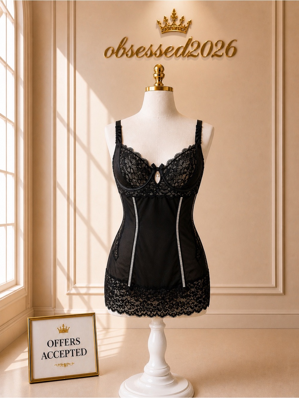 Coquette Black And Silver Lace Bustier Chemise with Rhinestone Trim 🔥